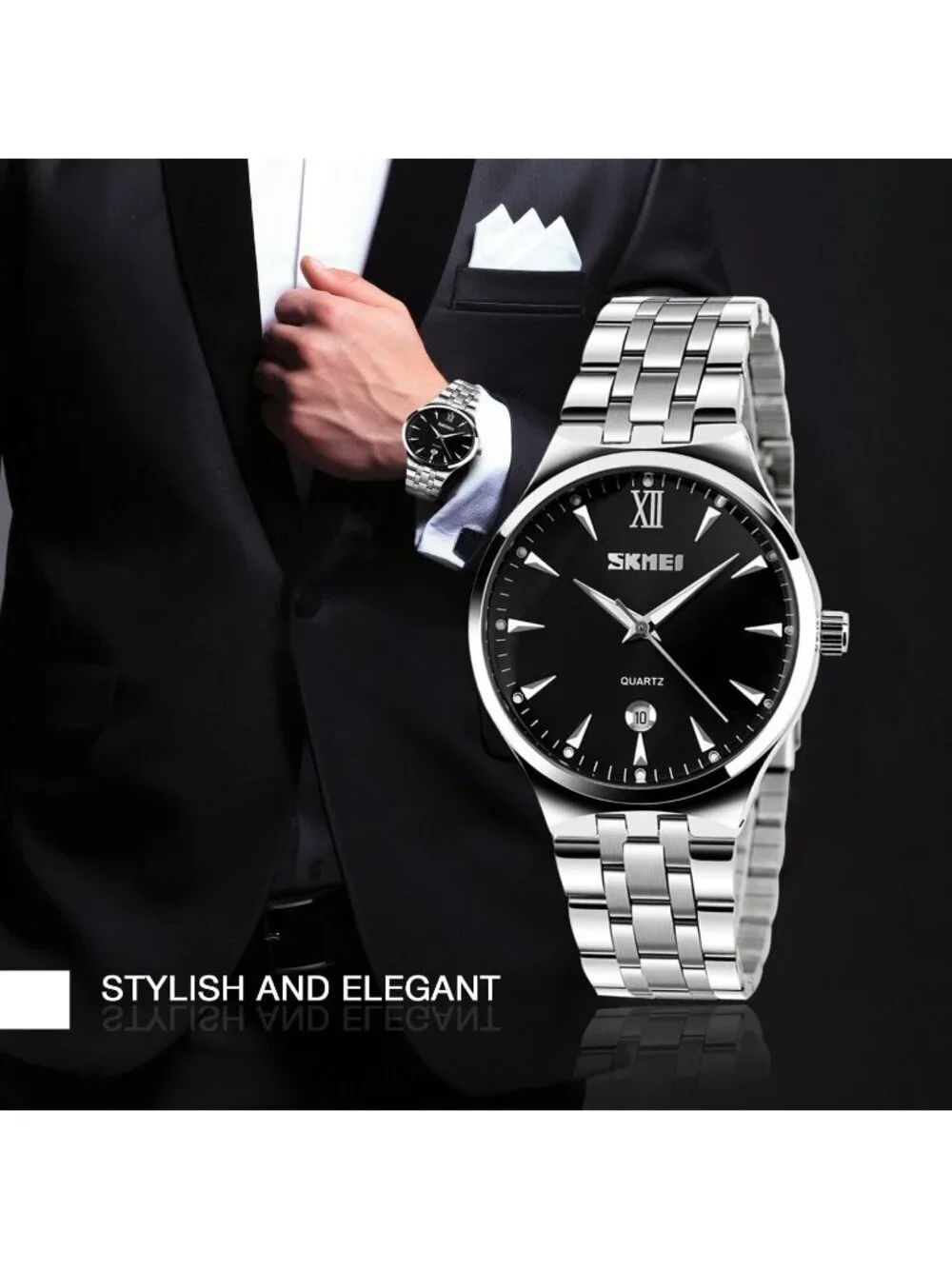 Men's Silver Black Analog Stainless Steel Roman Numeral Waterproof Luxury Watch